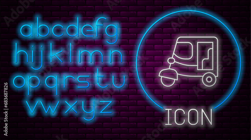Glowing neon line Taxi tuk tuk icon isolated on brick wall background. Indian auto rickshaw concept. Delhi auto. Neon light alphabet. Vector