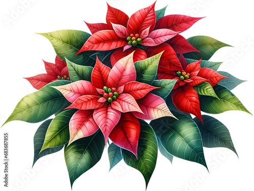 Beautiful clipart featuring a watercolor poinsettia with holly and berries  perfect for Christmas designs  festive cards  and holiday decorations. Adds a vibrant  classic touch.