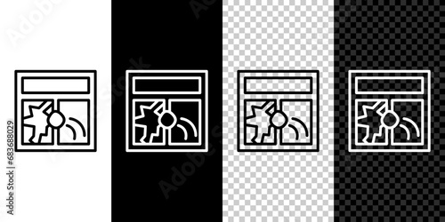Set line Broken window icon isolated on black and white background. Damaged window. Beaten windowpane concept. Vandalism. Vector