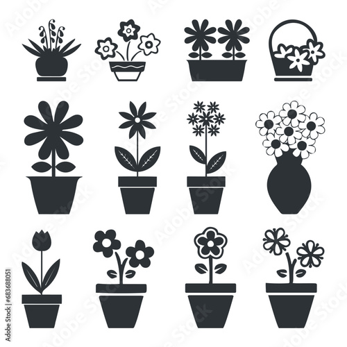 Vase with flowers silhouette icon set collection