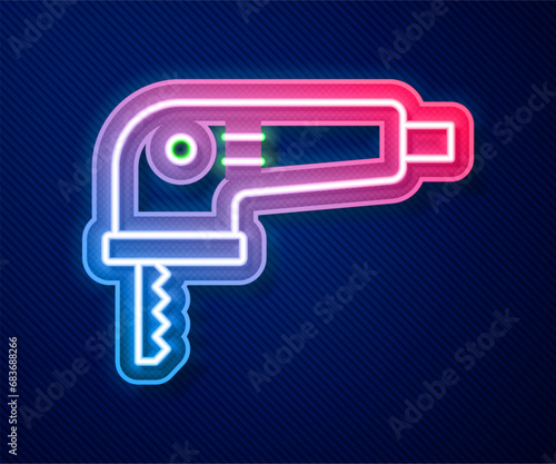 Glowing neon line Electric jigsaw with steel sharp blade icon isolated on blue background. Power tool for woodwork. Vector