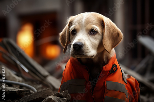 A small puppy in a vest sits on the ruins of a building. Rescue dog training