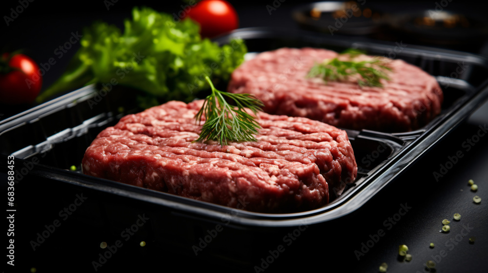 Raw minced beef burgers in plastic vacuum tray