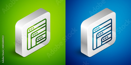Isometric line Software, web developer programming code icon isolated on green and blue background. Javascript computer script random parts of program code. Silver square button. Vector