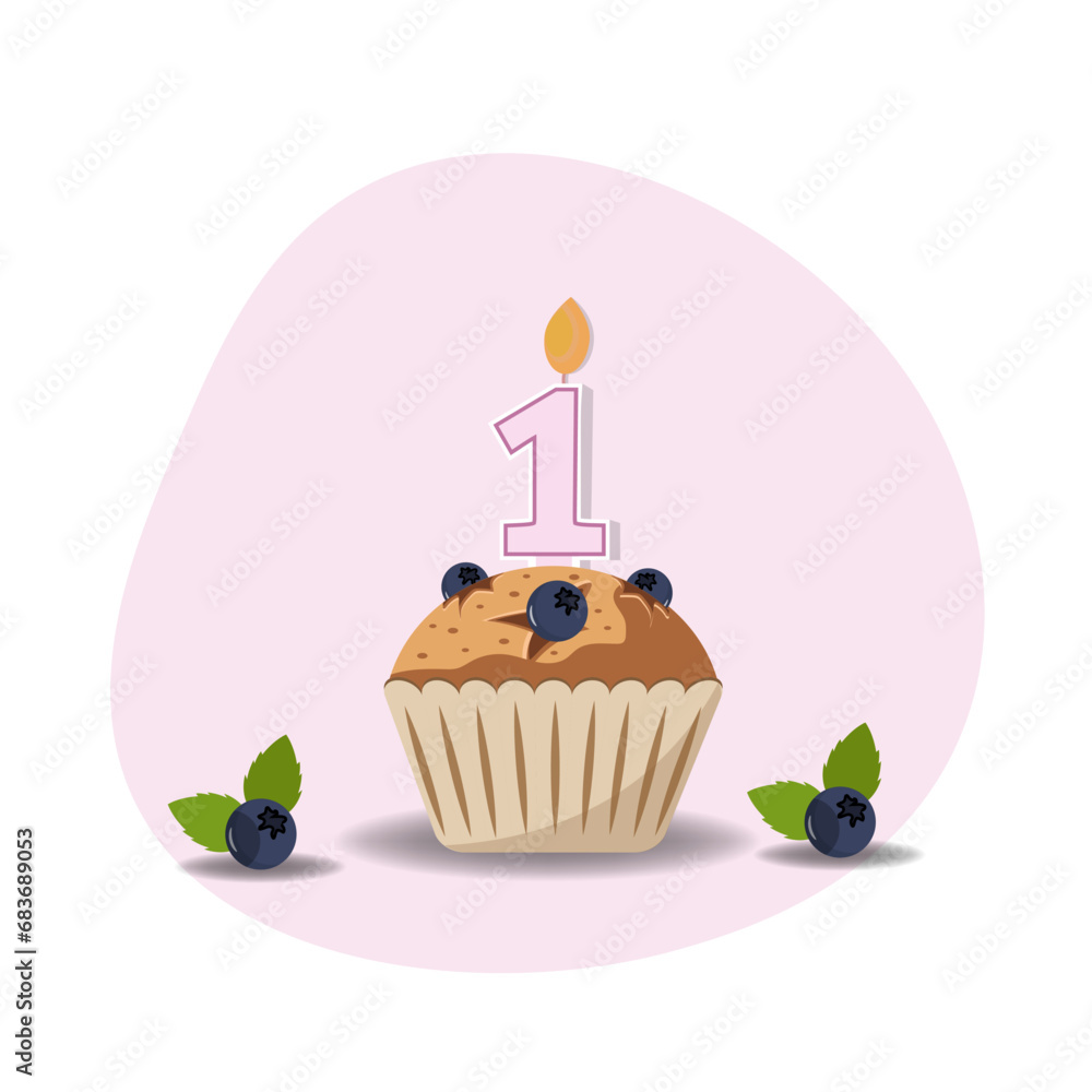 first birthday cupcake with lit candle in shape of number one