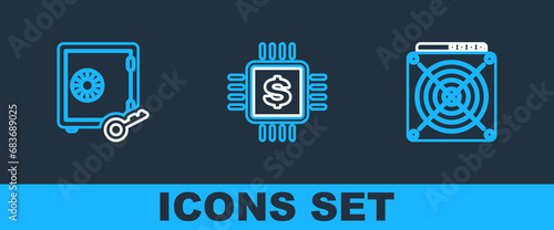 Set line ASIC Miner, Proof of stake and Processor chip with dollar icon. Vector