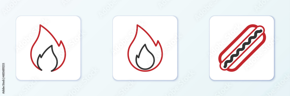Set line Hotdog sandwich, Fire flame and icon. Vector Set line Hotdog sandwich, Fire flame and icon. Vector