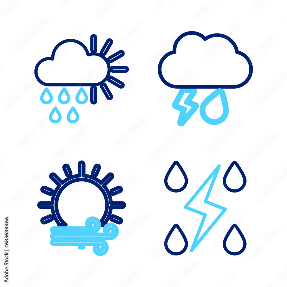 Set line Storm, Wind and sun, Cloud with rain lightning and Cloudy icon. Vector Set line Storm, Wind and sun, Cloud with rain lightning and Cloudy icon. Vector