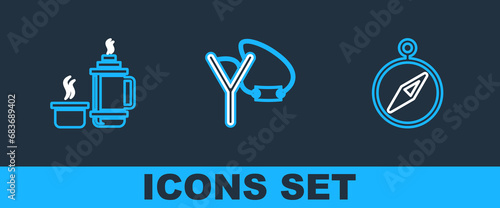 Set line Compass, Thermos container and Slingshot icon. Vector