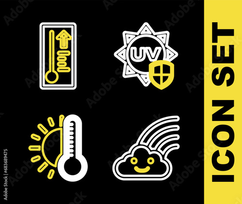 Set line UV protection, Rainbow with cloud, Thermometer sun and Meteorology thermometer icon. Vector
