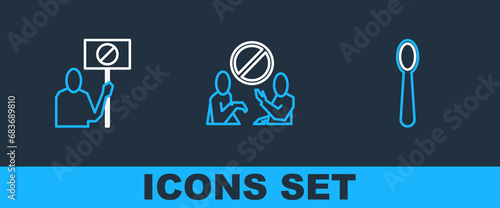 Set line Disposable plastic spoon, Nature saving protest and Stop pollution icon. Vector