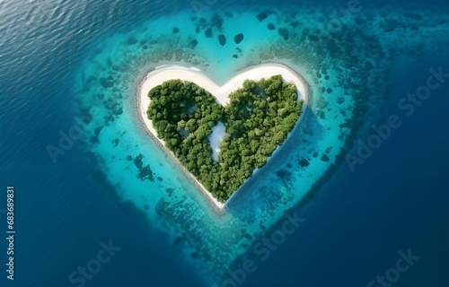 Tropic island shape heart with white sand beach in blue ocean waves top sky view © Oleksiy