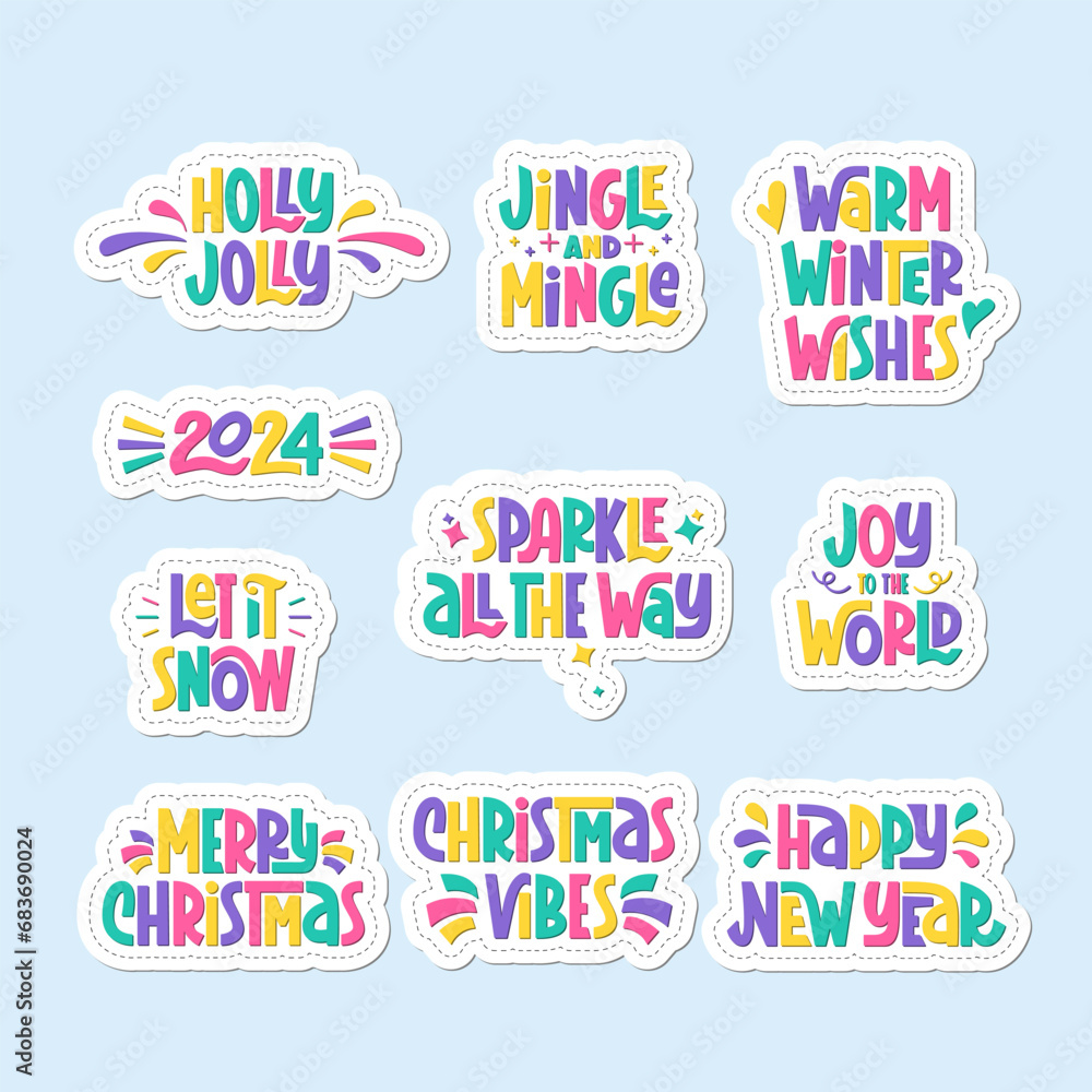 Christmas and New Year Festive Phrases Stickers. Vector Hand Lettering of Xmas Quotes. Card with Hand Written Sticky Slogan.