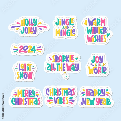 Christmas and New Year Festive Phrases Stickers. Vector Hand Lettering of Xmas Quotes. Card with Hand Written Sticky Slogan.
