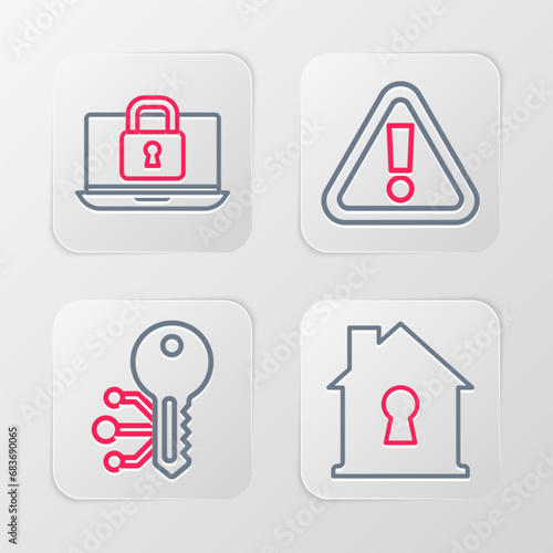 Set line House under protection, Cryptocurrency key, Exclamation mark in triangle and Laptop and lock icon. Vector
