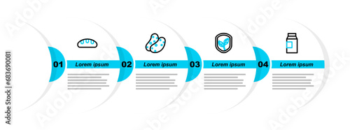 Set line Paper package for milk, Shield with leaf, Potato and Bread loaf icon. Vector