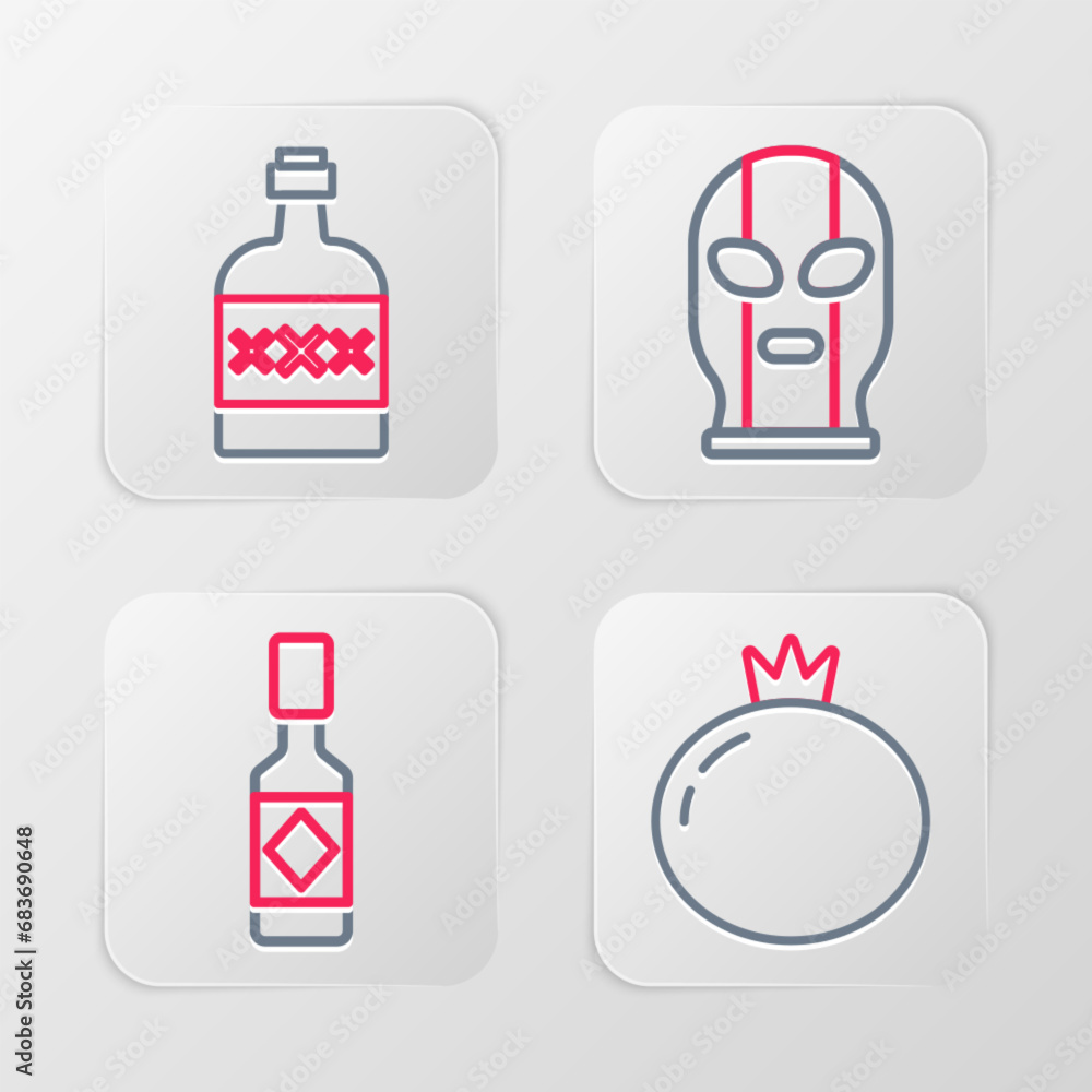 Set line Tomato, Tabasco sauce, Mexican wrestler and Tequila bottle icon. Vector Set line Tomato, Tabasco sauce, Mexican wrestler and Tequila bottle icon. Vector