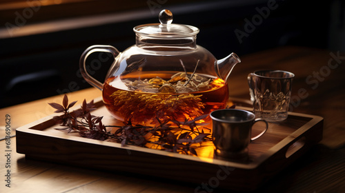 A glass teapot with a tea in it on a wooden tray