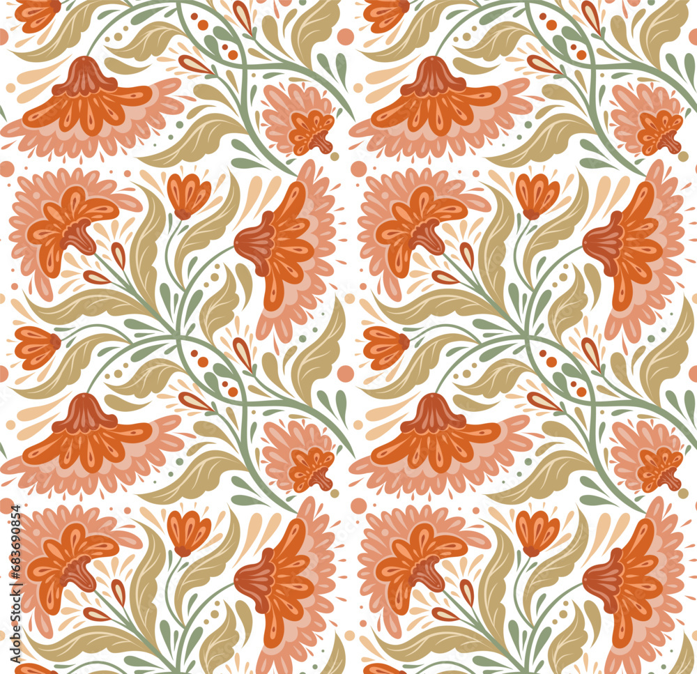 Vector folk art pattern with tracery floral ornaments in tile on white background. Decorative seamless texture with flowers and foliage