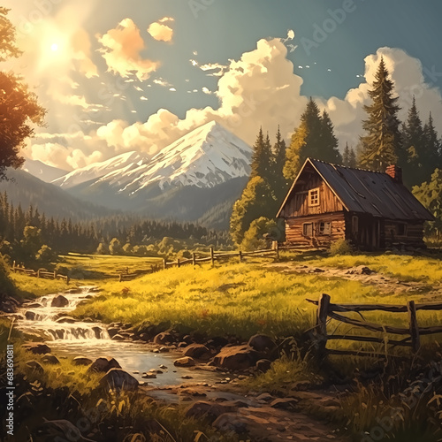 countryside home scene bathed in natural sunlight