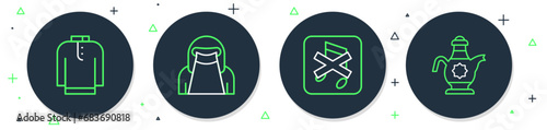Set line Muslim woman in niqab, Speaker mute, Shirt kurta and Islamic teapot icon. Vector