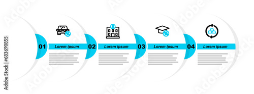 Set line Gold bars, Graduation cap and coin, Bank building and Car leasing percent icon. Vector