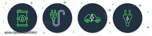 Set line Electric plug, car, Bio fuel barrel and icon. Vector