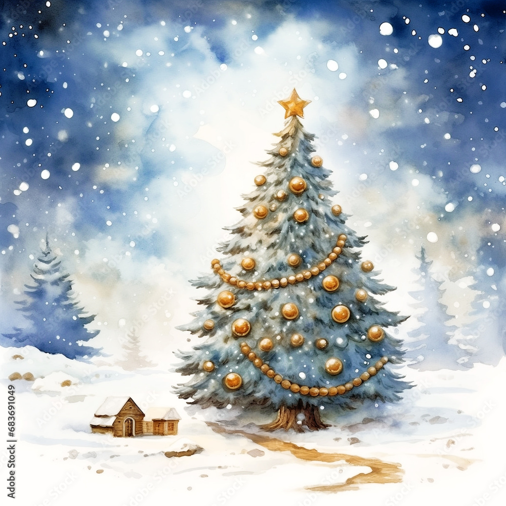 Christmas tree watercolor illustration Winter collection, painting, wet, gift, ginger bread, sky at night snowing in December