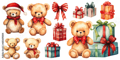 Teddy Bears gift box presents watercolor vectors