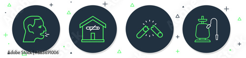 Set line No smoking at home, Broken cigarette, Man coughing and Hookah icon. Vector