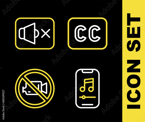 Set line Subtitles, Music player, Prohibition no video recording and Speaker mute icon. Vector