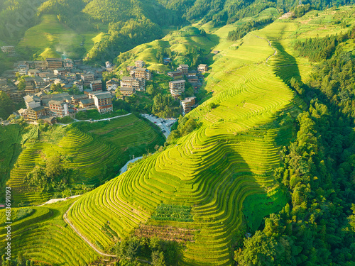 High angle view of Longji (Dragon's Backbone) Terraced Rice Fields at sunset, in the background the farming village of Longsheng, Longji, Guangxi province, China photo