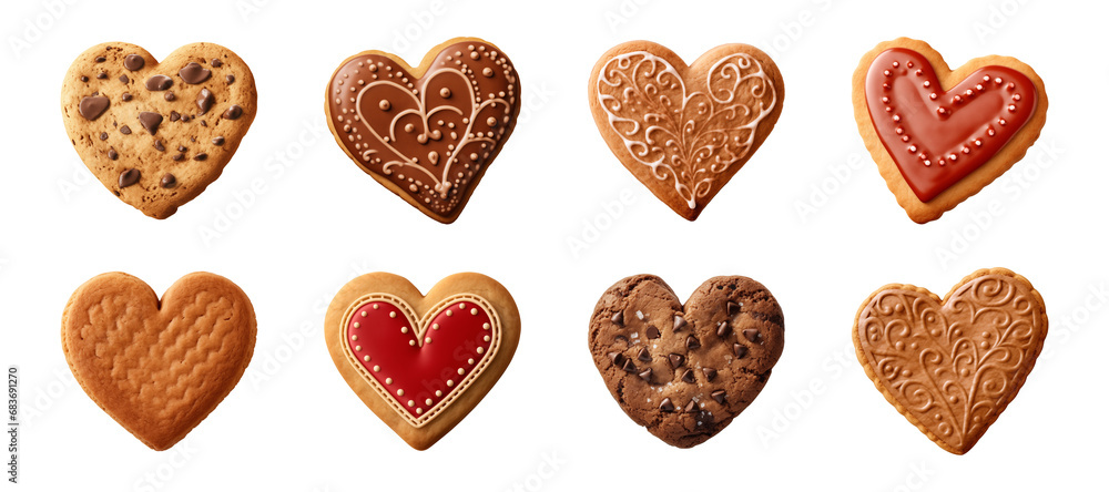Collection set of heart-shaped cookies or biscuits isolated on a transparent background - obrazy, fototapety, plakaty 