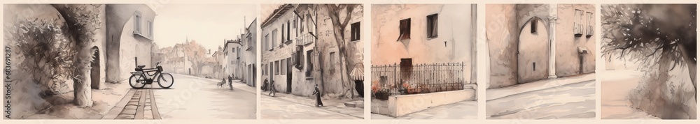 Vintage aquarelle painting of old city, Generative AI