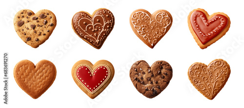 Collection set of heart-shaped cookies or biscuits isolated on a transparent background