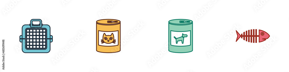 Set Pet carry case, Canned food for cat, dog and Fish skeleton icon. Vector Set Pet carry case, Canned food for cat, dog and Fish skeleton icon. Vector