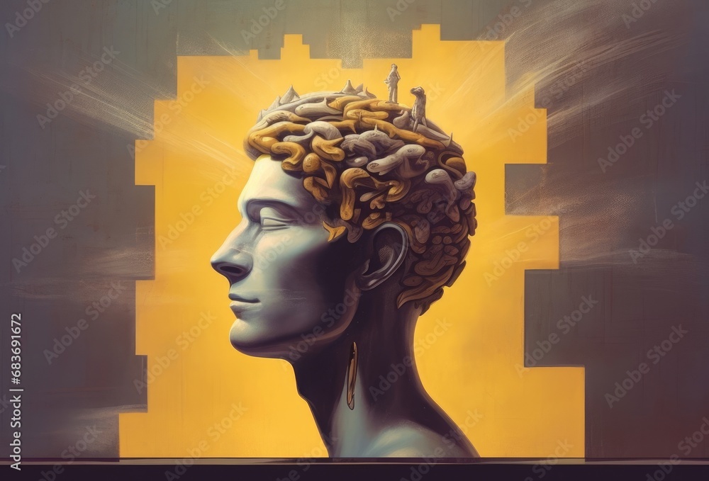 Concept art of brain thinking psychology success and mind , Surreal painting, conceptual 3d illustration, portrait artwork, Generative AI - obrazy, fototapety, plakaty 
