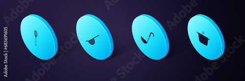 Set Isometric Cooking pot, Kitchen ladle, colander and whisk icon. Vector