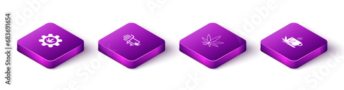 Set Isometric Test tube with marijuana, Shopping cart, Marijuana or cannabis leaf and Cup tea icon. Vector