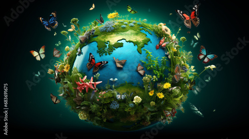A green globe with plants and animals inside it floal