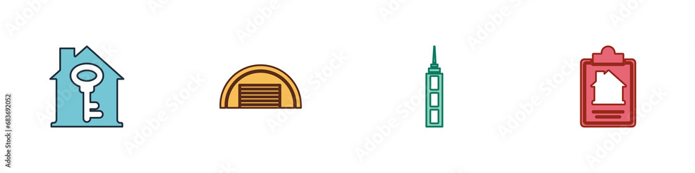 Set House with key, Garage, Skyscraper and contract icon. Vector Set House with key, Garage, Skyscraper and contract icon. Vector