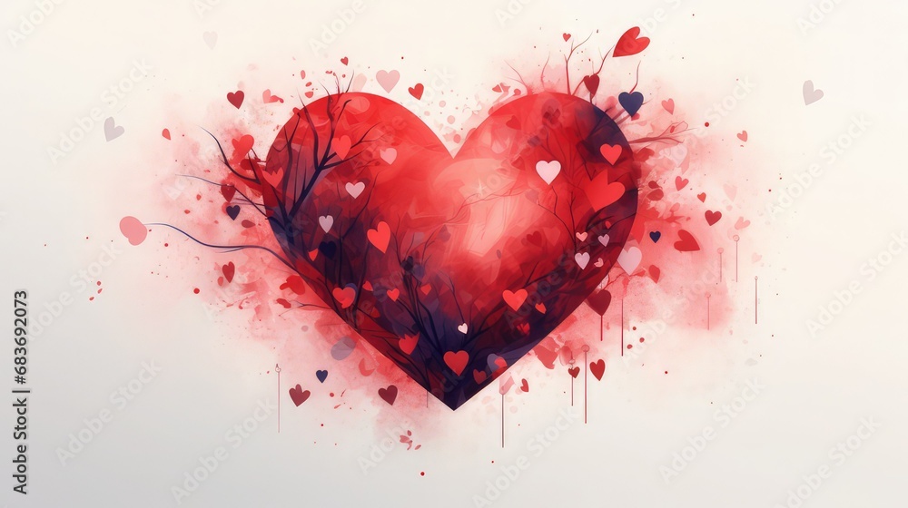 Illustration of a red heart with many small hearts around it. Love. Art. Valentine's day. Celebration. Image generated with AI