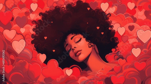 Illustration of a young black woman lying with her eyes closed and surrounded by red and pink hearts. Image generated with AI.
