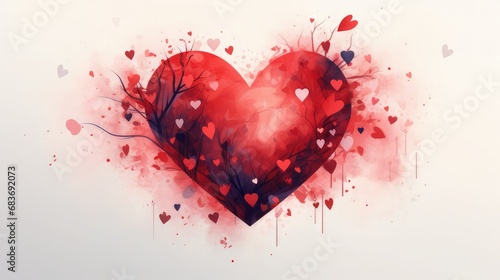 Illustration of a red heart with many small hearts around it. Love. Art. Valentine's day. Celebration. Image generated with AI