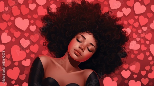 Illustration of an elegant black woman lying with her eyes closed and surrounded by red and pink hearts. Image generated with AI.