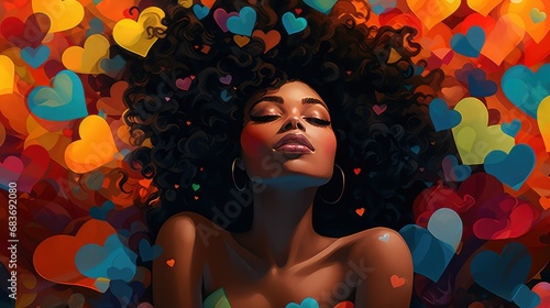 Illustration of a beautiful black woman lying with her eyes closed and surrounded by colorful hearts. Image generated with AI.