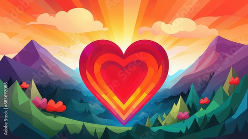Illustration of a big red heart with a background of rainbow-colored mountains. Image generated with AI