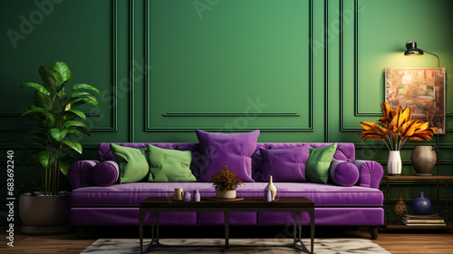 A living room with purple walls and a green couch