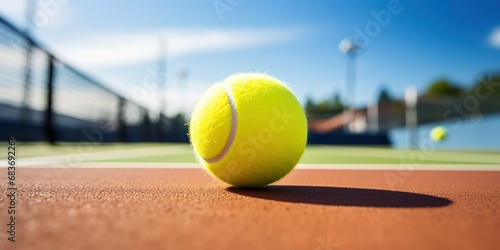 Tennis ball on court in sunlight.