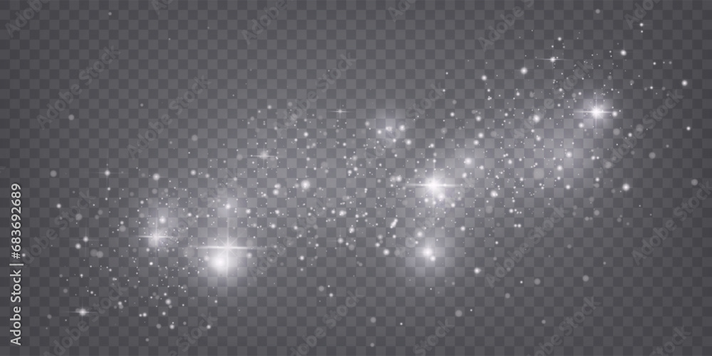 Light particle. White bokeh glitter, magic spark silver effect, star glow and shine, dust shimmer. Minimal festive starlight. Holiday backdrop on transparent background. Vector xmas banner